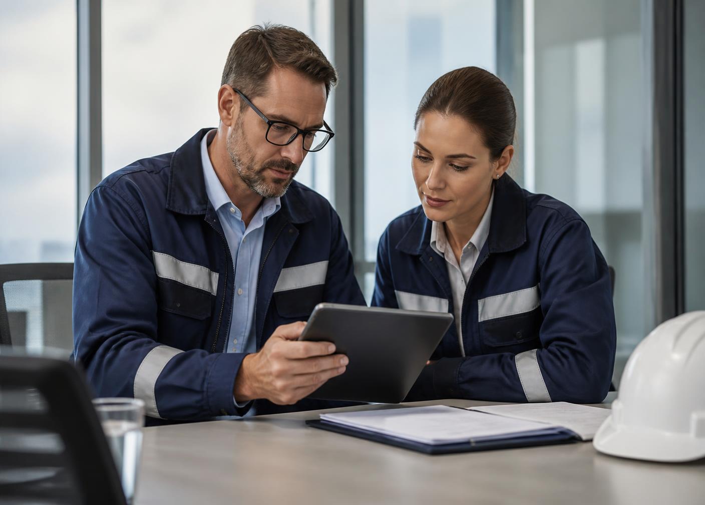 Two safety professionals reviewing compliance documentation in an office