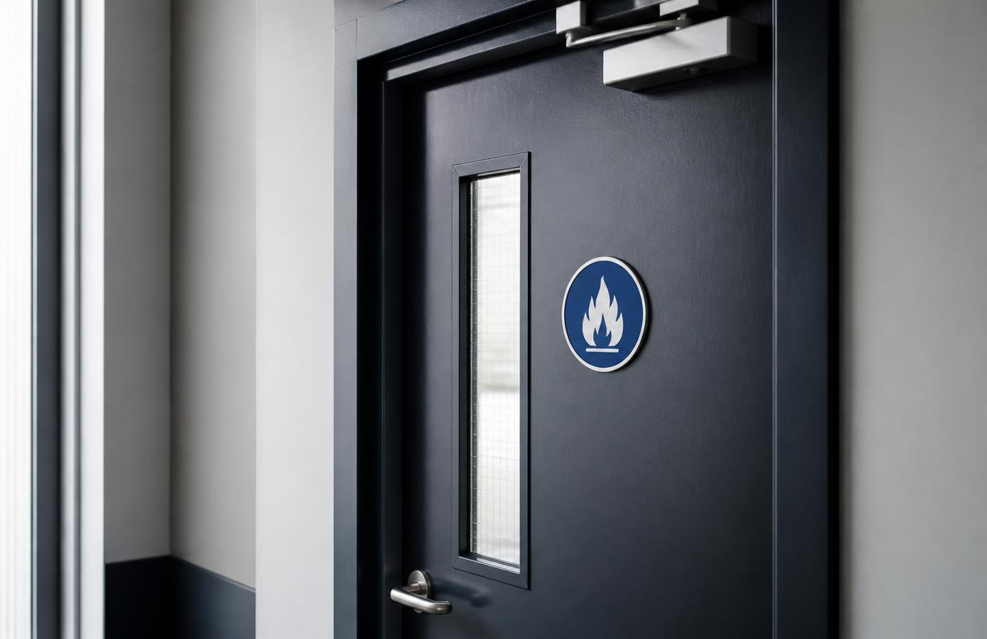 Fire door with safety signage in a commercial building corridor